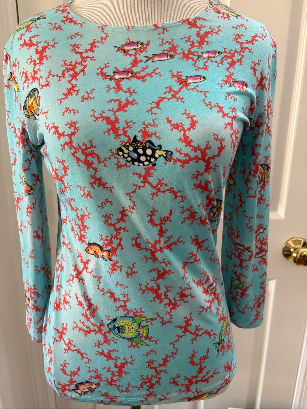 Leggiadro Sky Blue Long-Sleeve Top with Coral & Fish Print
